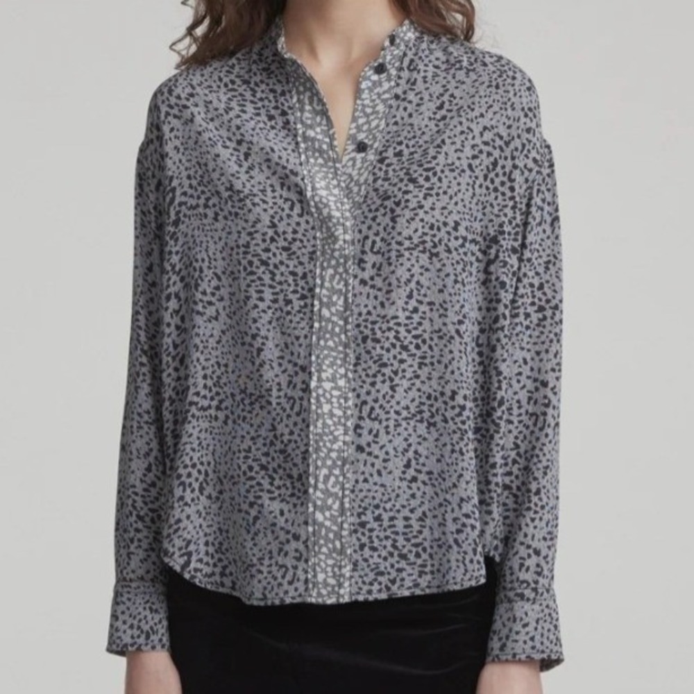 Rag & Bone Collection Christie Shirt Silk L Grey Black Animal Print‎ Band Collar